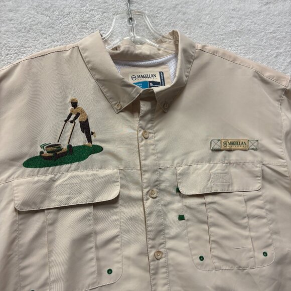 Magellan Shirt Mens XL Fish Gear Laguna Madre Mowing Man Decal Graphic Vented - Picture 2 of 10